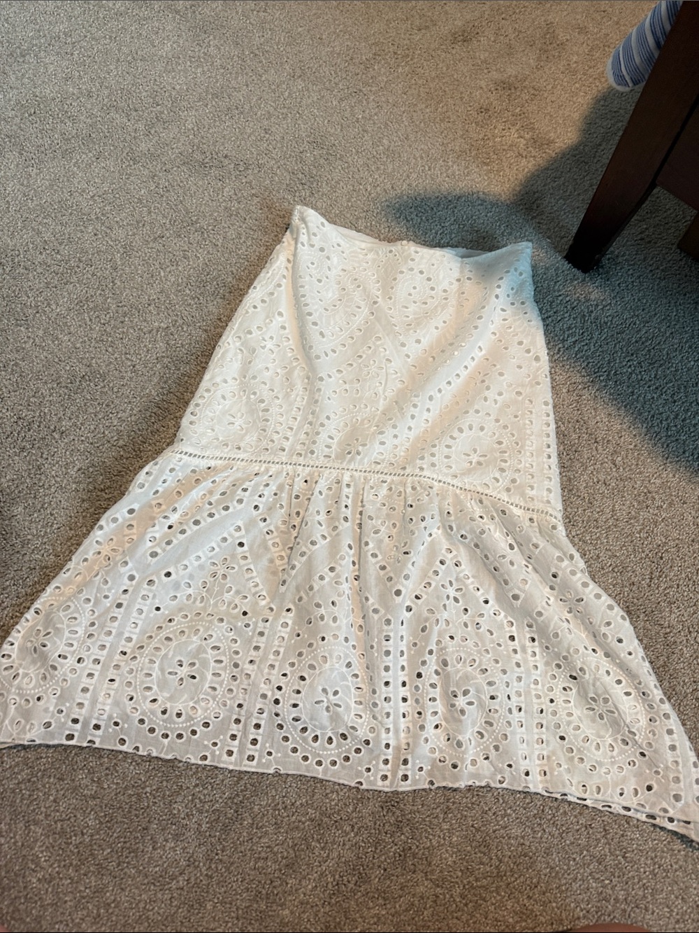 Eyelet Midi Skirt in White with Flared Hem